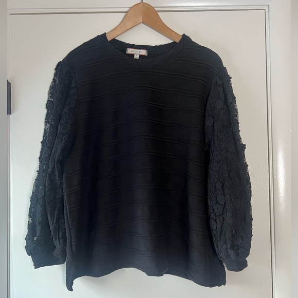 Anthropologie Eri + Ali Chelsea Knit Top Lace Balloon Sleeves Solid Black Medium - Picture 2 of 9